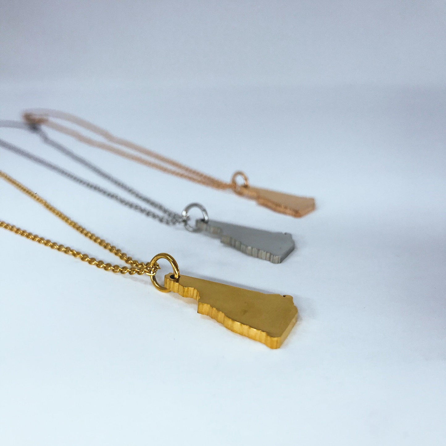 New Hampshire State Silhouette Necklaces in 3 different colors: Gold, Silver & Rose Gold