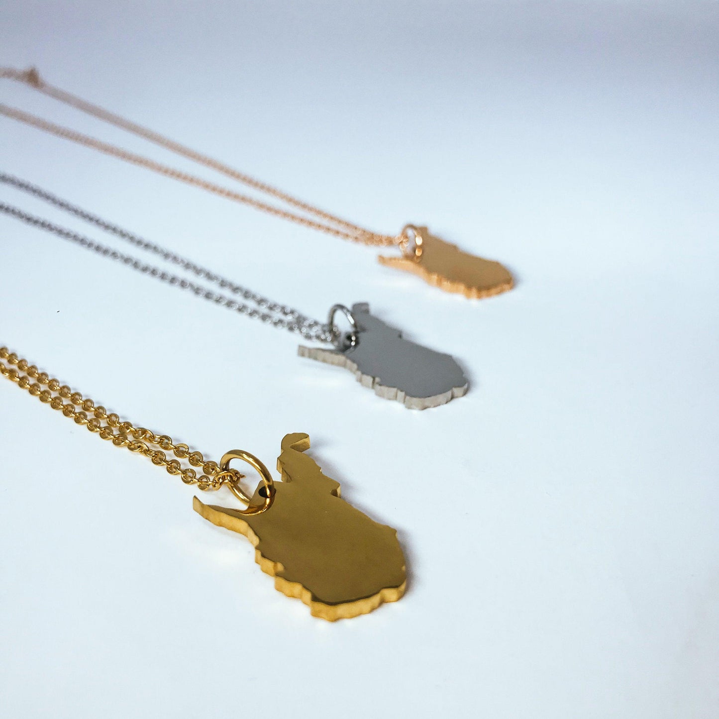 West Virginia State Silhouette Necklaces in 3 different colors: Gold, Silver & Rose Gold