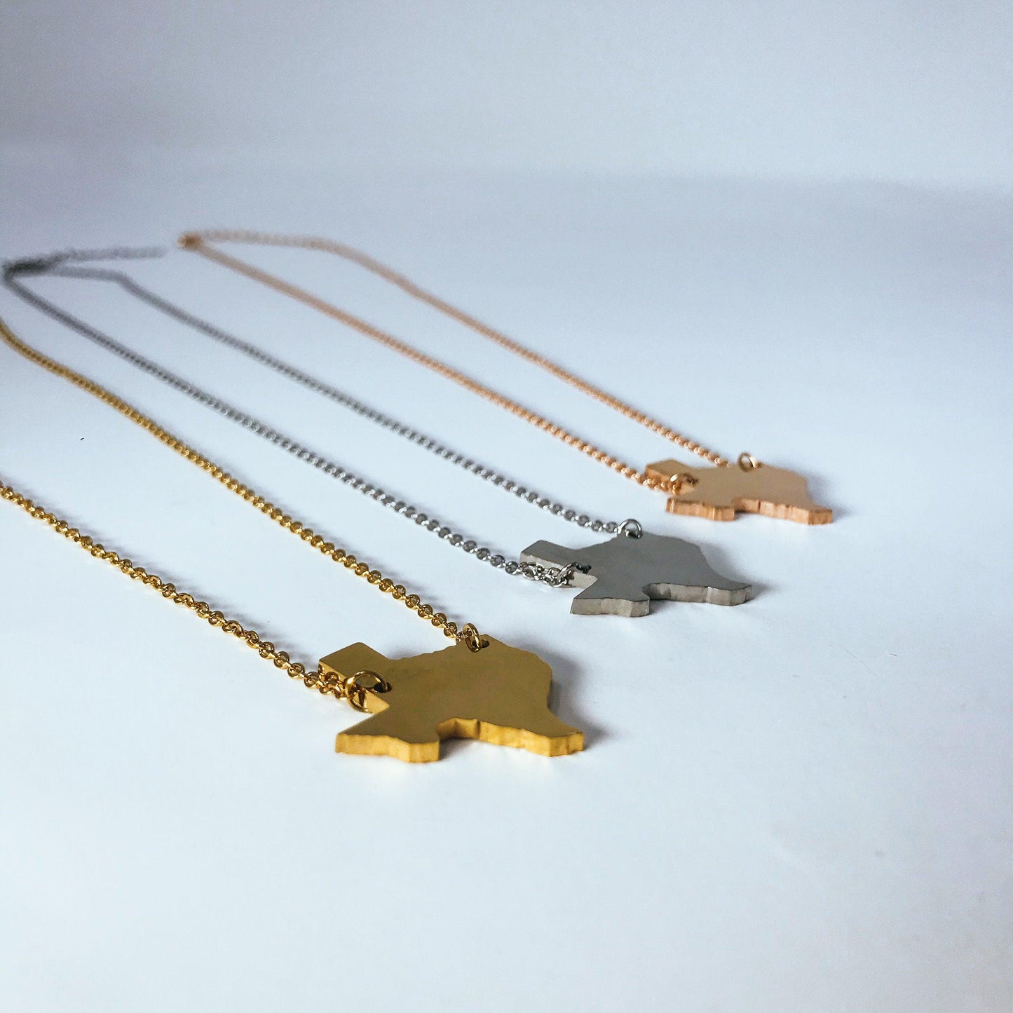 Texas State Silhouette Necklaces in 3 different colors: Gold, Silver & Rose Gold