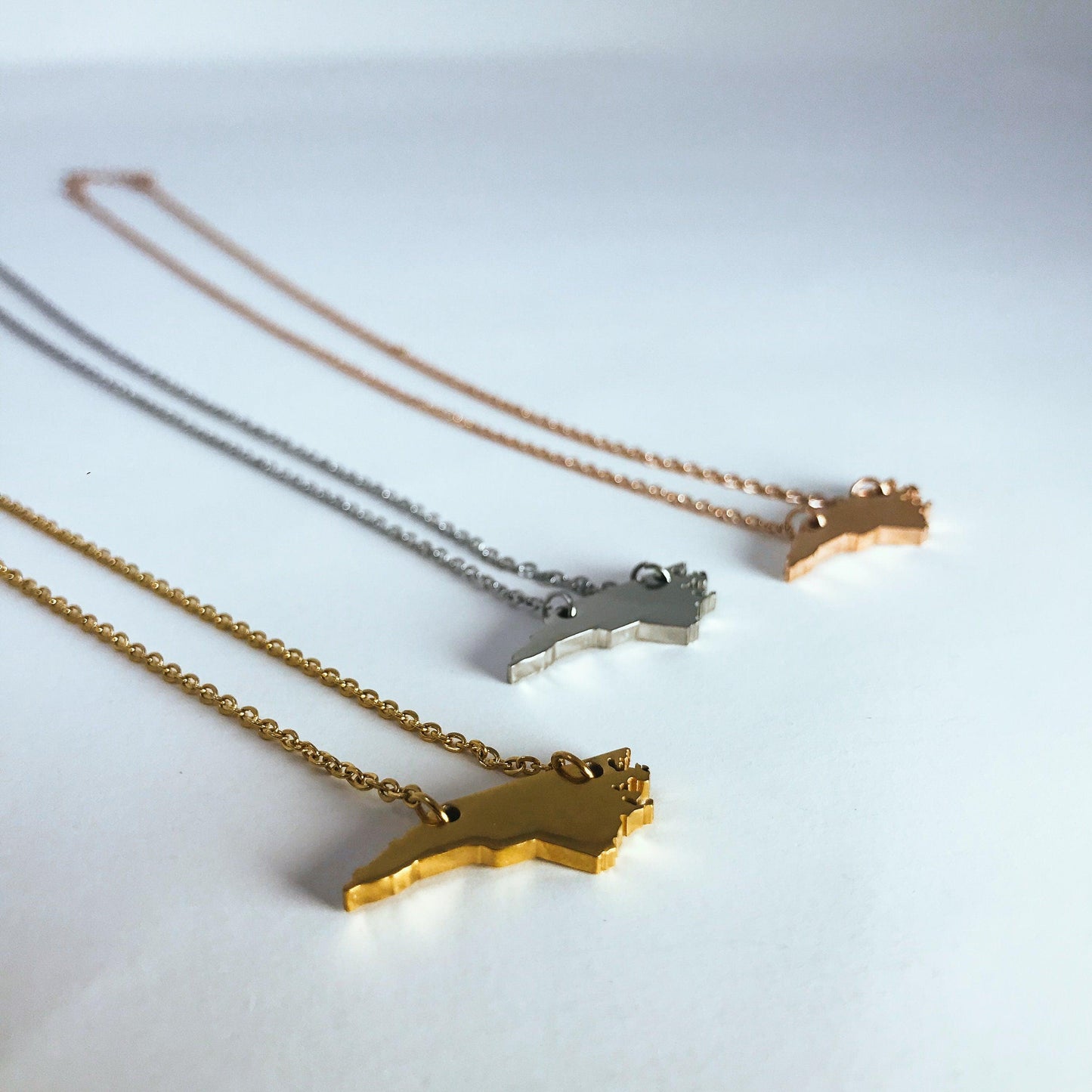 North Carolina State Silhouette Necklaces in 3 different colors: Gold, Silver & Rose Gold