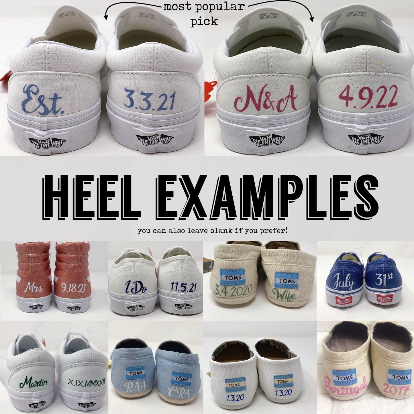 many examples of shoes hand painted on the back heels by ButterMakesMeHappy. Reference chart