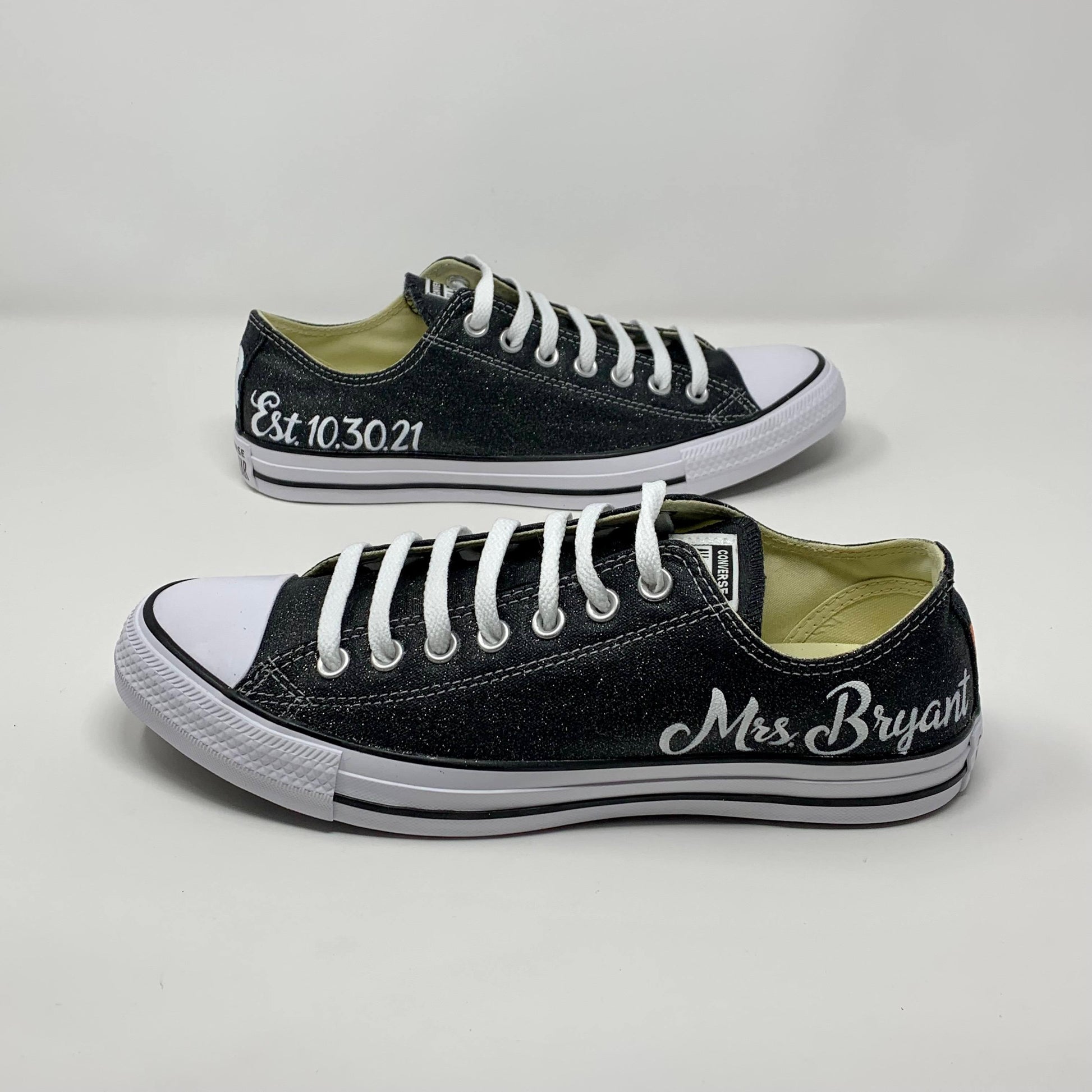 Black Glitter Converse sneakers with Mrs. painted on front for a bride. On a white background