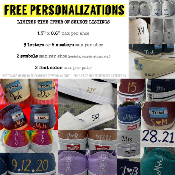 sign that says free hand painted personalizations on your shoes