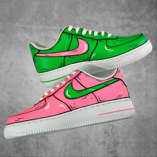 Hand Painted Hot Pink & Neon Green Nike Air Force 1 Shoes with black sketch lines that make the sketch look like 3D Pop Art