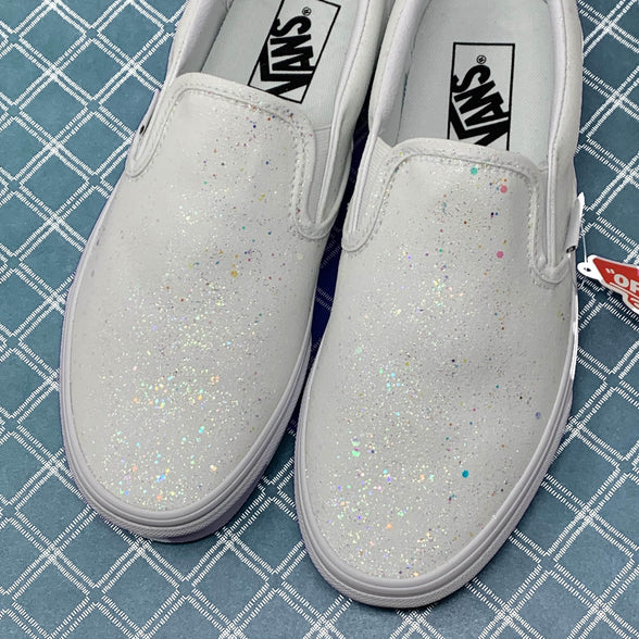 White Crystal Glitter Slip On Vans - ButterMakesMeHappy