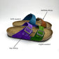 ombre Birkenstock Sandals with green, teal, orange & purple with notes showing which shoe is left & which shoe is right