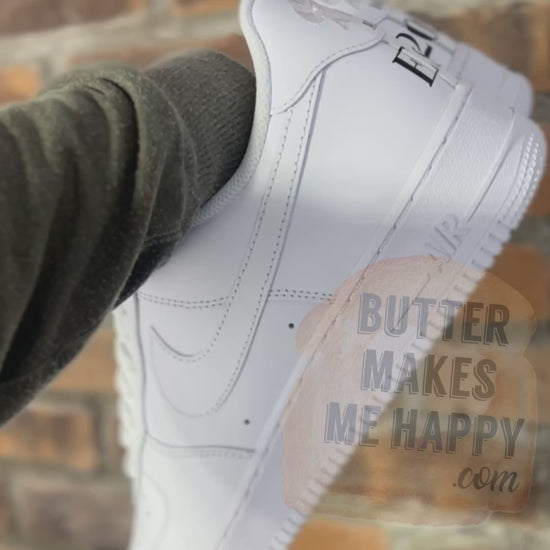 Video of Nike Wedding Sneakers on Air Force 1. Custom painted with Wedding Initials & Wedding Date on heels of sneaker. Includes ButterMakesMeHappy logo in the background.