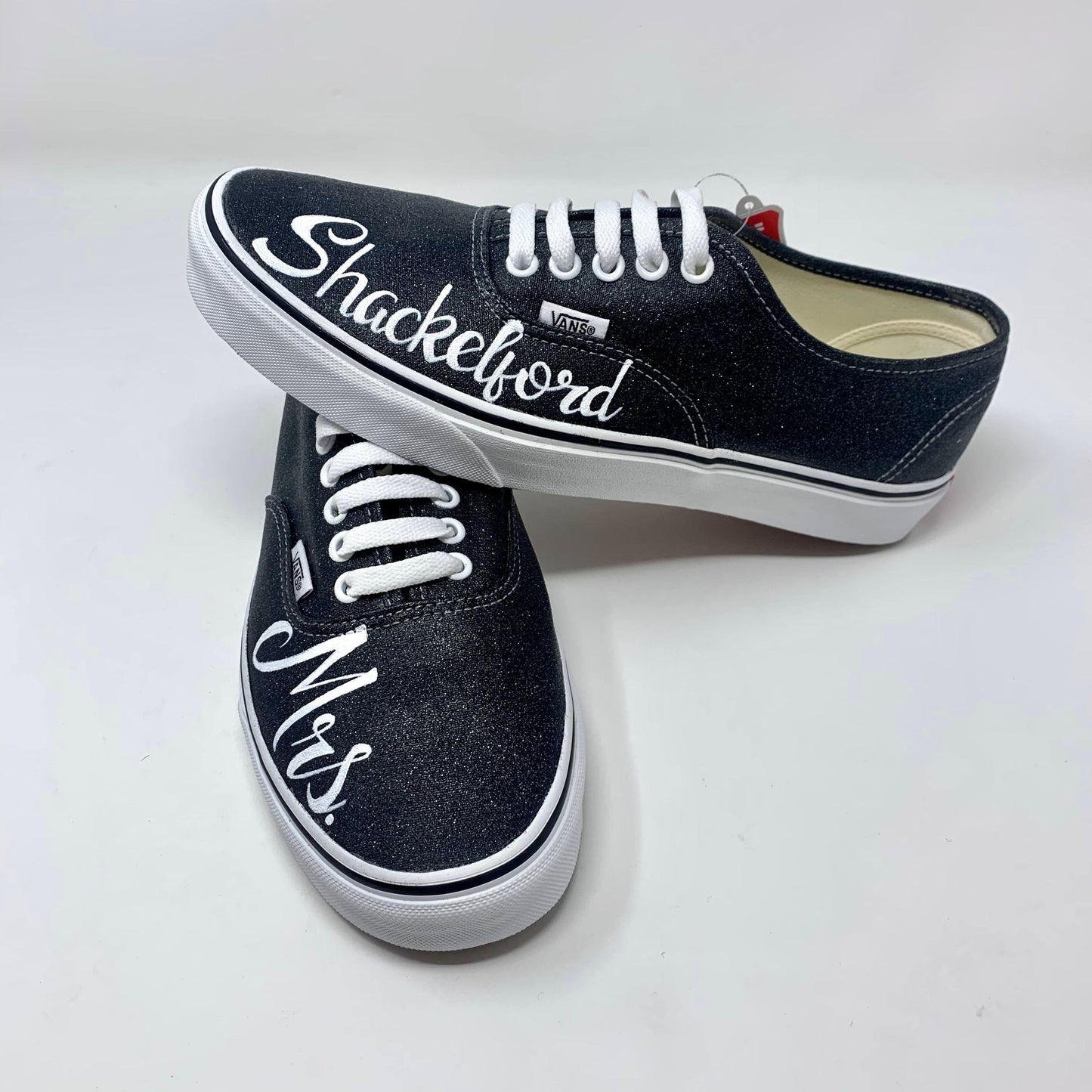 Black Glitter Laced Vans with Mrs. painted on front for a bride. white background