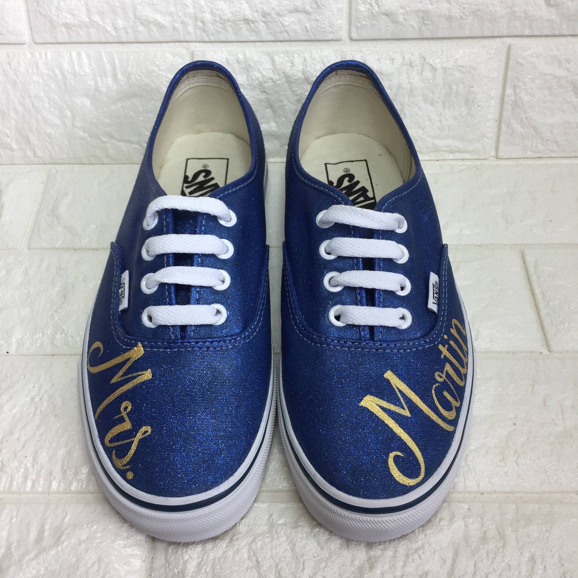 Sparkly Navy Glitter Wedding Vans with Mrs. painted in gold on front