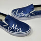 Navy Shimmer Wedding Slip On Vans with Mrs. painted on front