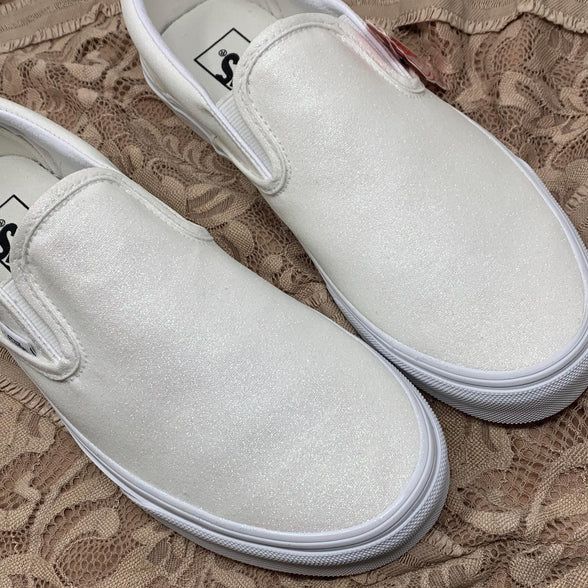 White Glitter Slip On Vans - ButterMakesMeHappy