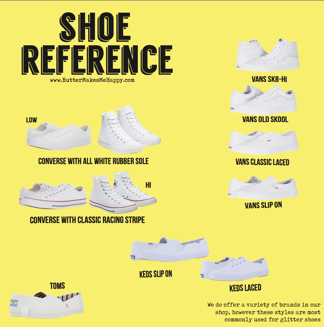 shoe reference chart by buttermakesmehappy. examples of 9 different pairs of white shoes in different designs