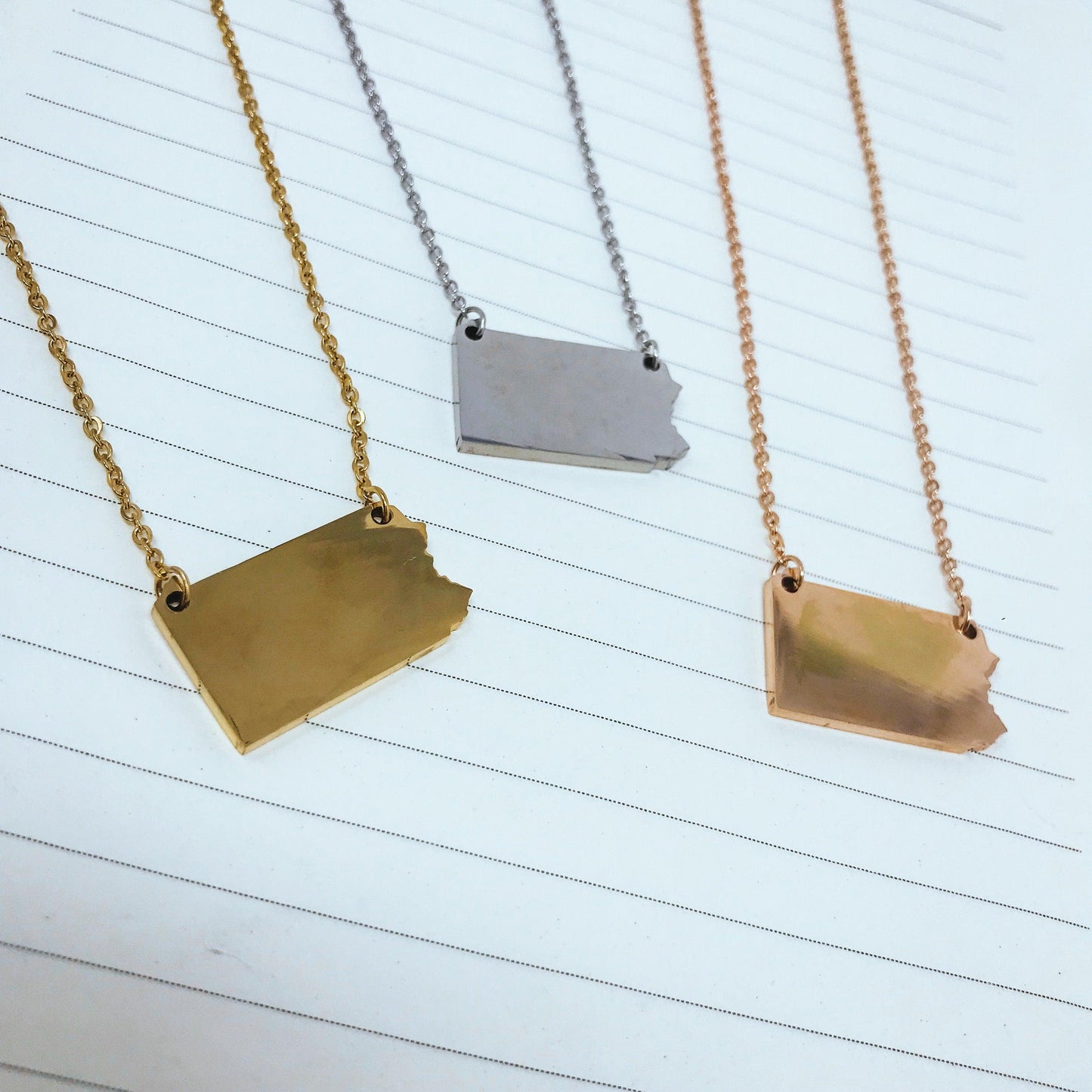 Pennsylvania State Silhouette Necklaces in 3 different colors: Gold, Silver & Rose Gold