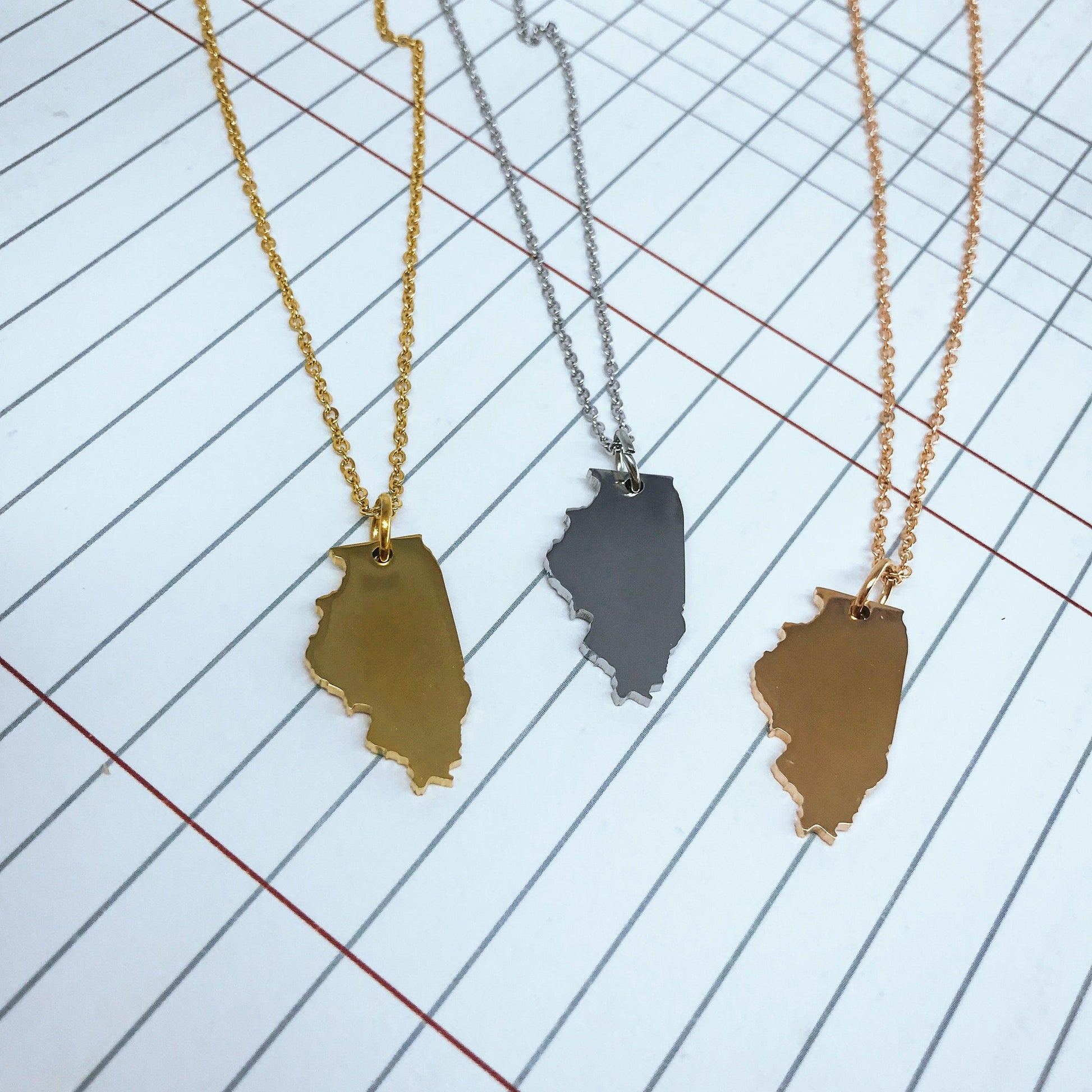 Illinois State Silhouette Necklaces in 3 different colors: Gold, Silver & Rose Gold