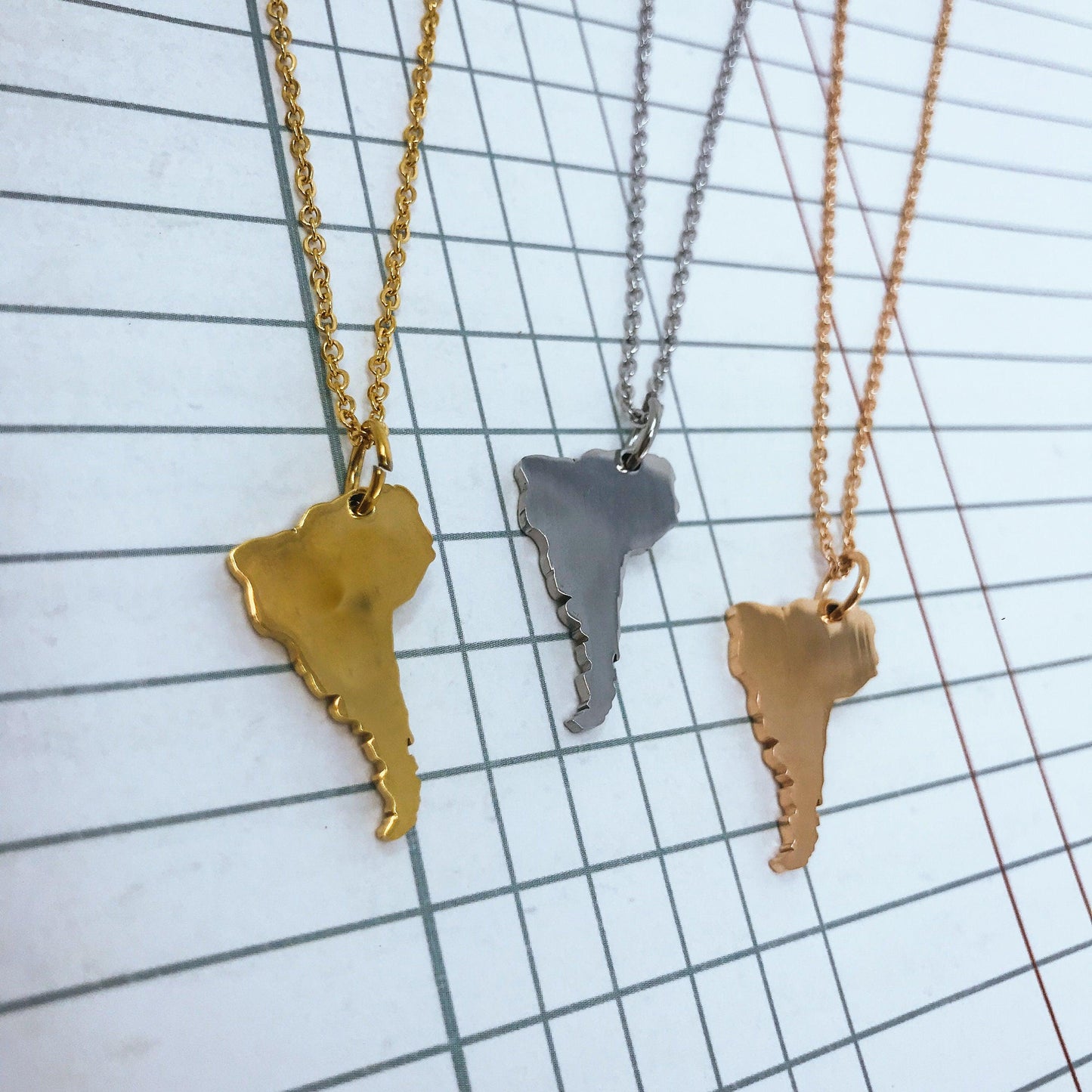 South America Silhouette Necklaces in 3 different colors: Gold, Silver & Rose Gold