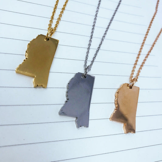 Mississippi State Silhouette Necklaces in 3 different colors: Gold, Silver & Rose Gold