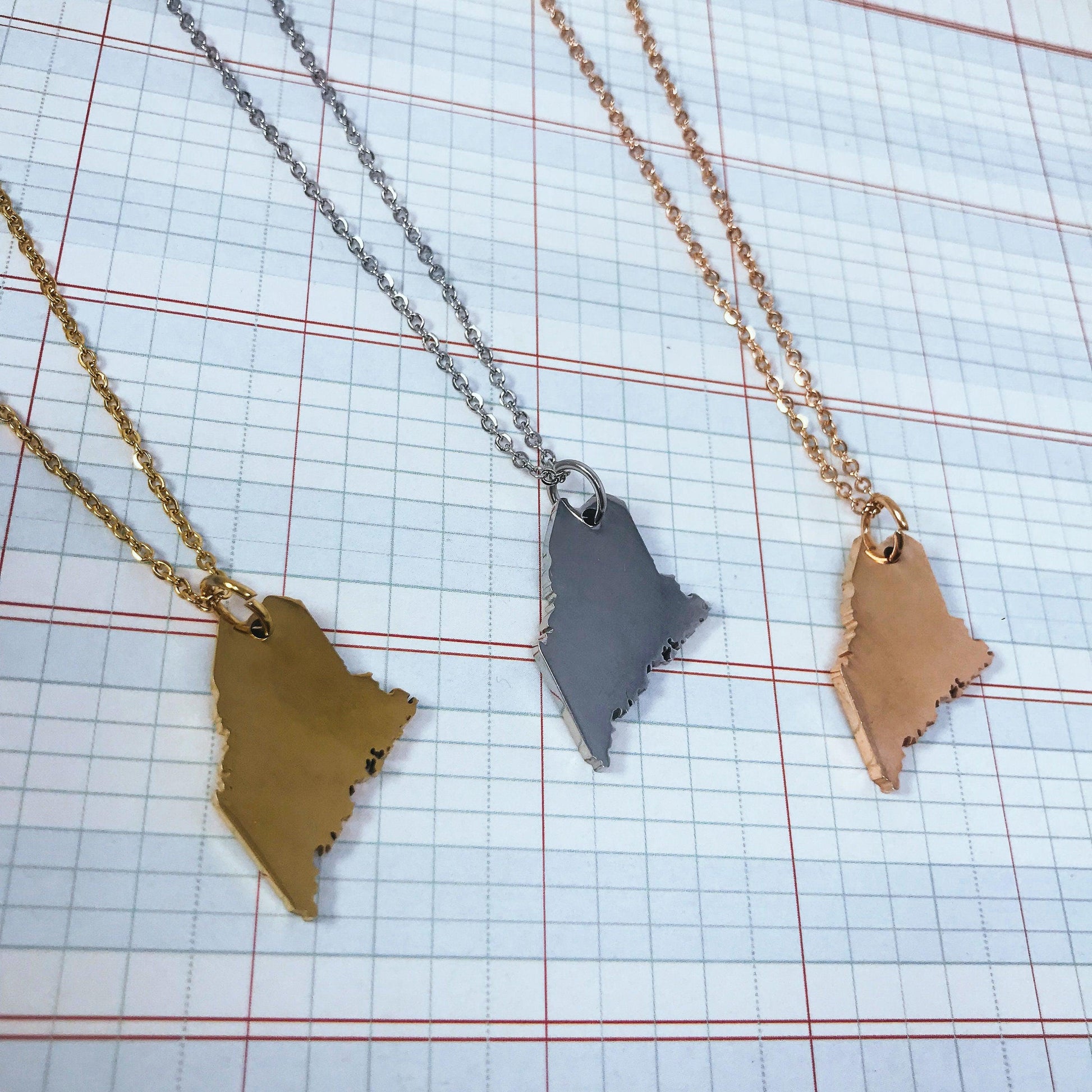 Maine State Silhouette Necklaces in 3 different colors: Gold, Silver & Rose Gold