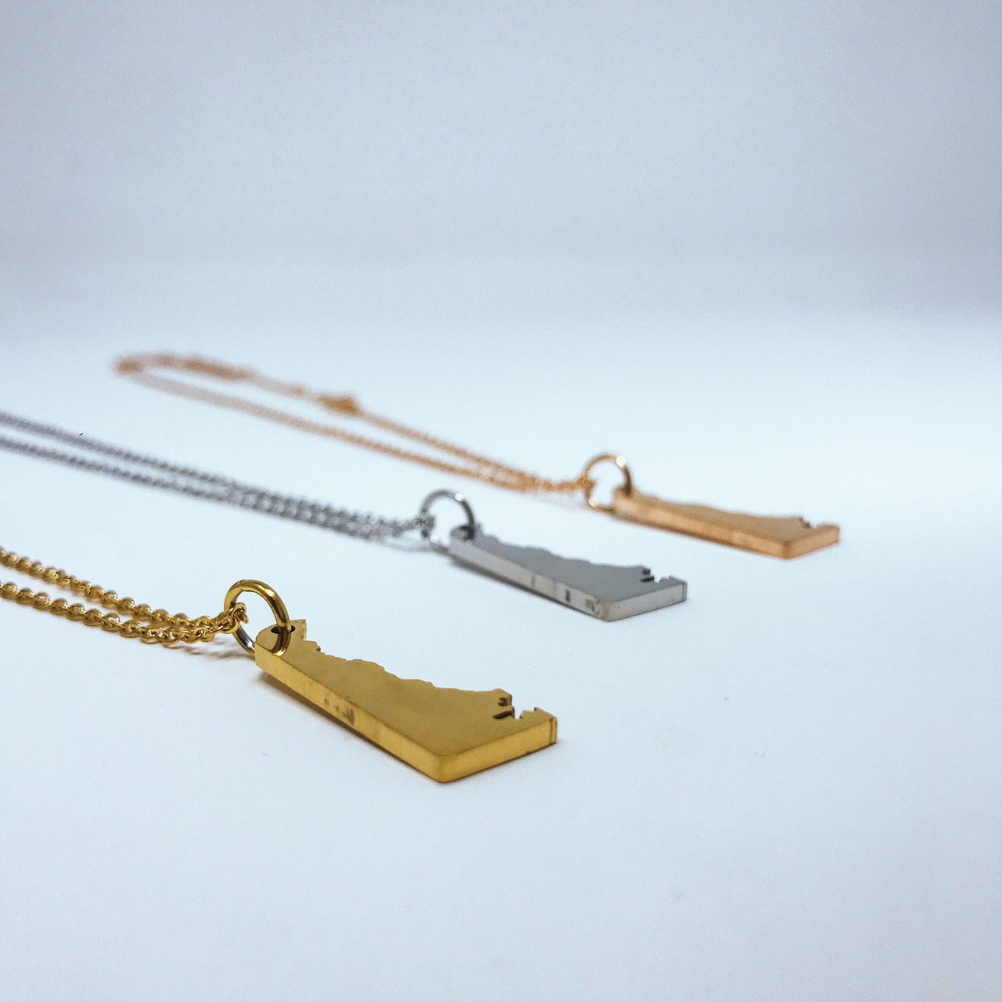 Delaware State Silhouette Necklaces in 3 different colors: Gold, Silver & Rose Gold