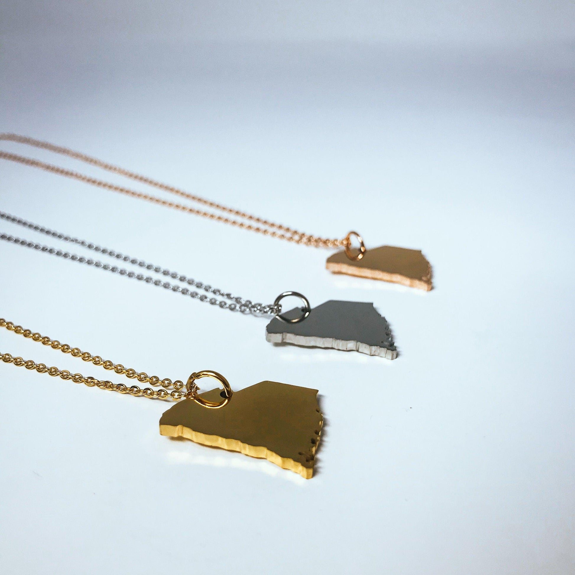 South Carolina State Silhouette Necklaces in 3 different colors: Gold, Silver & Rose Gold