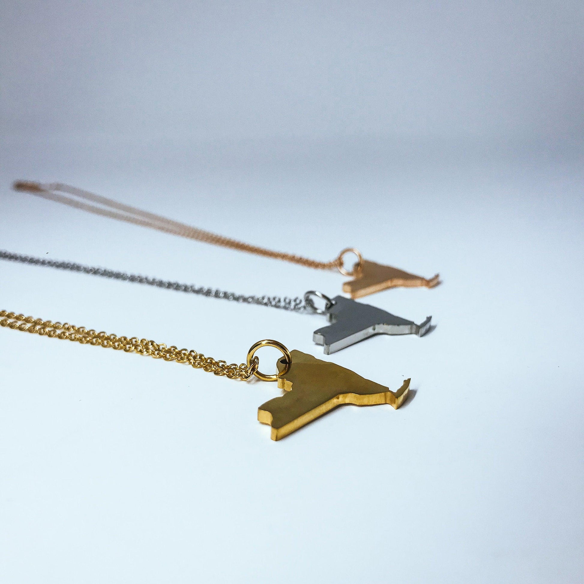 New York State Silhouette Necklaces in 3 different colors: Gold, Silver & Rose Gold