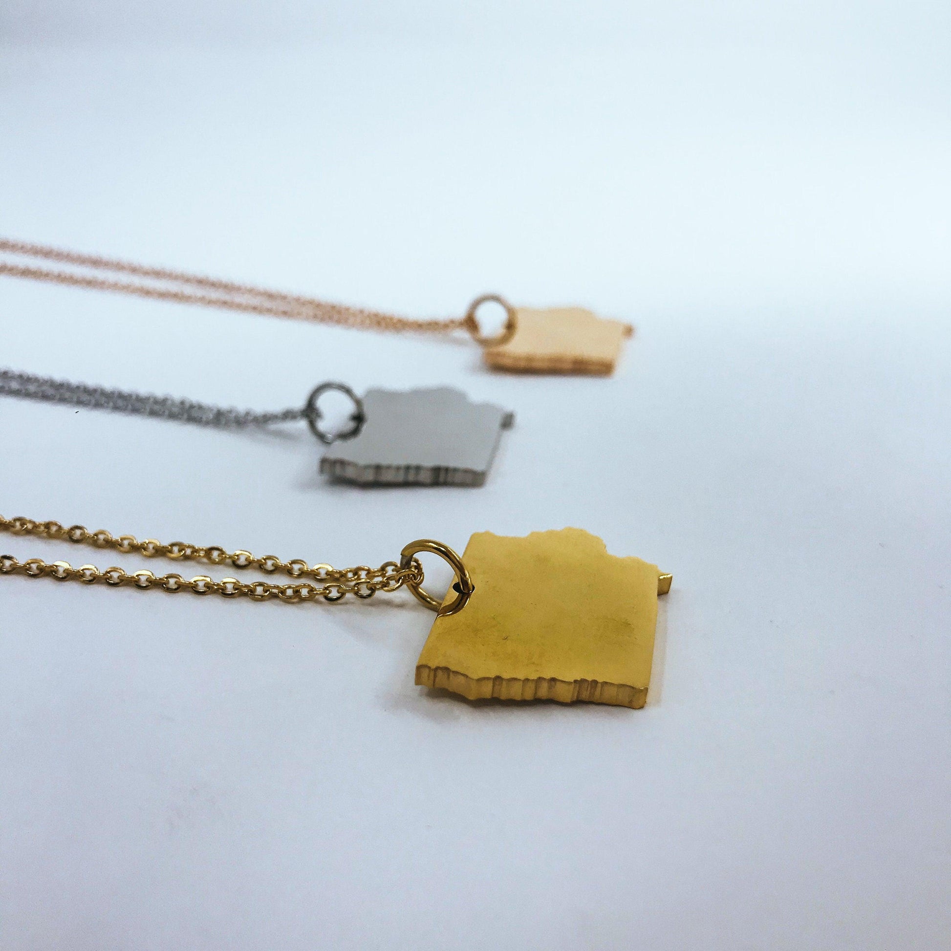 Iowa State Silhouette Necklaces in 3 different colors: Gold, Silver & Rose Gold