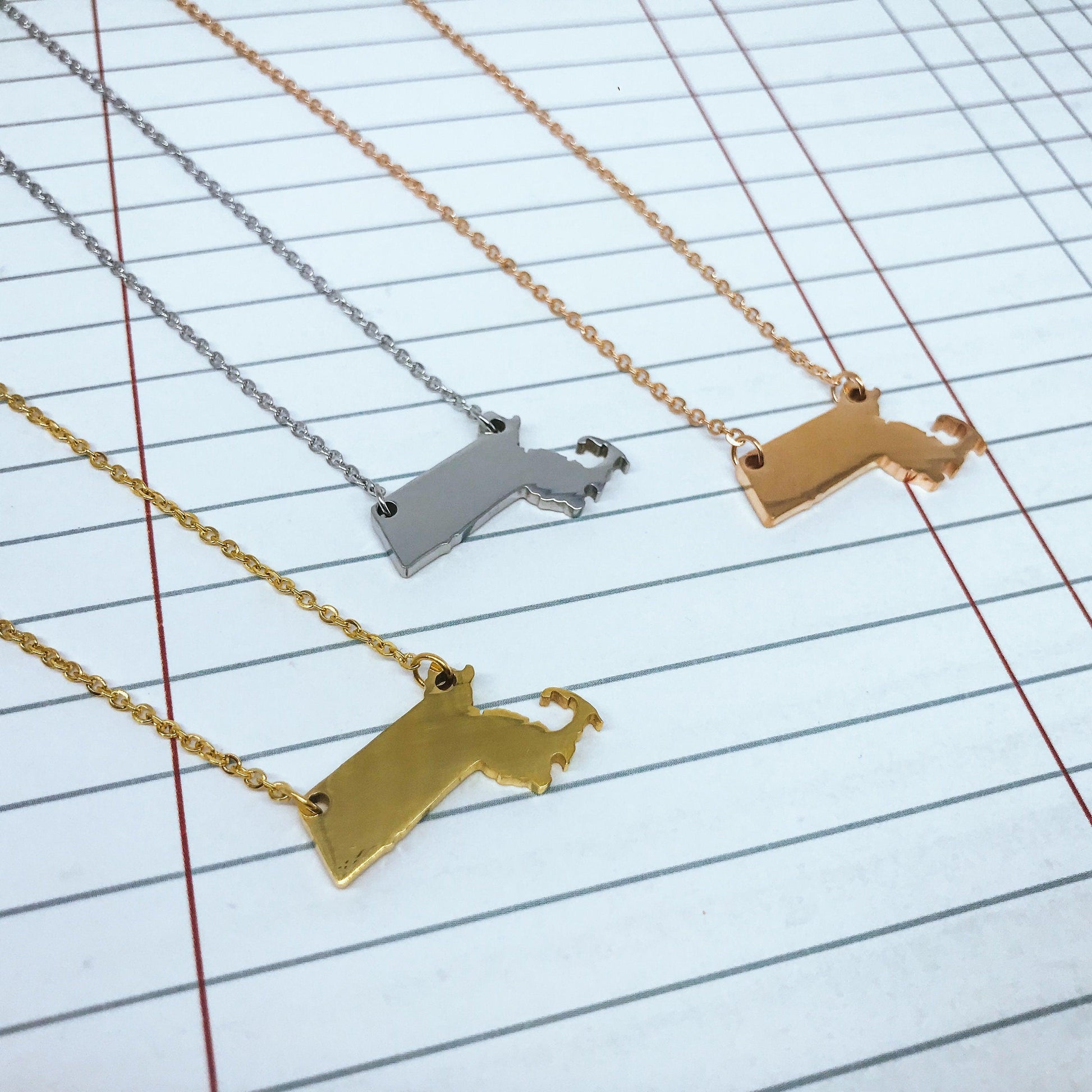 Massachusetts State Silhouette Necklaces in 3 different colors: Gold, Silver & Rose Gold