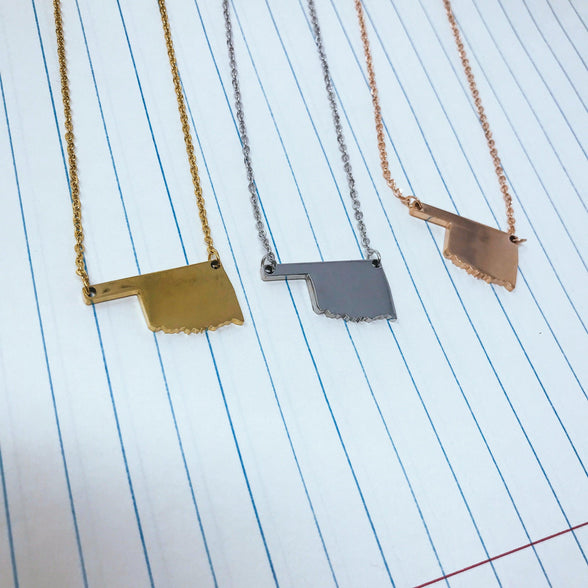 Oklahoma State Silhouette Necklaces in 3 different colors: Gold, Silver & Rose Gold