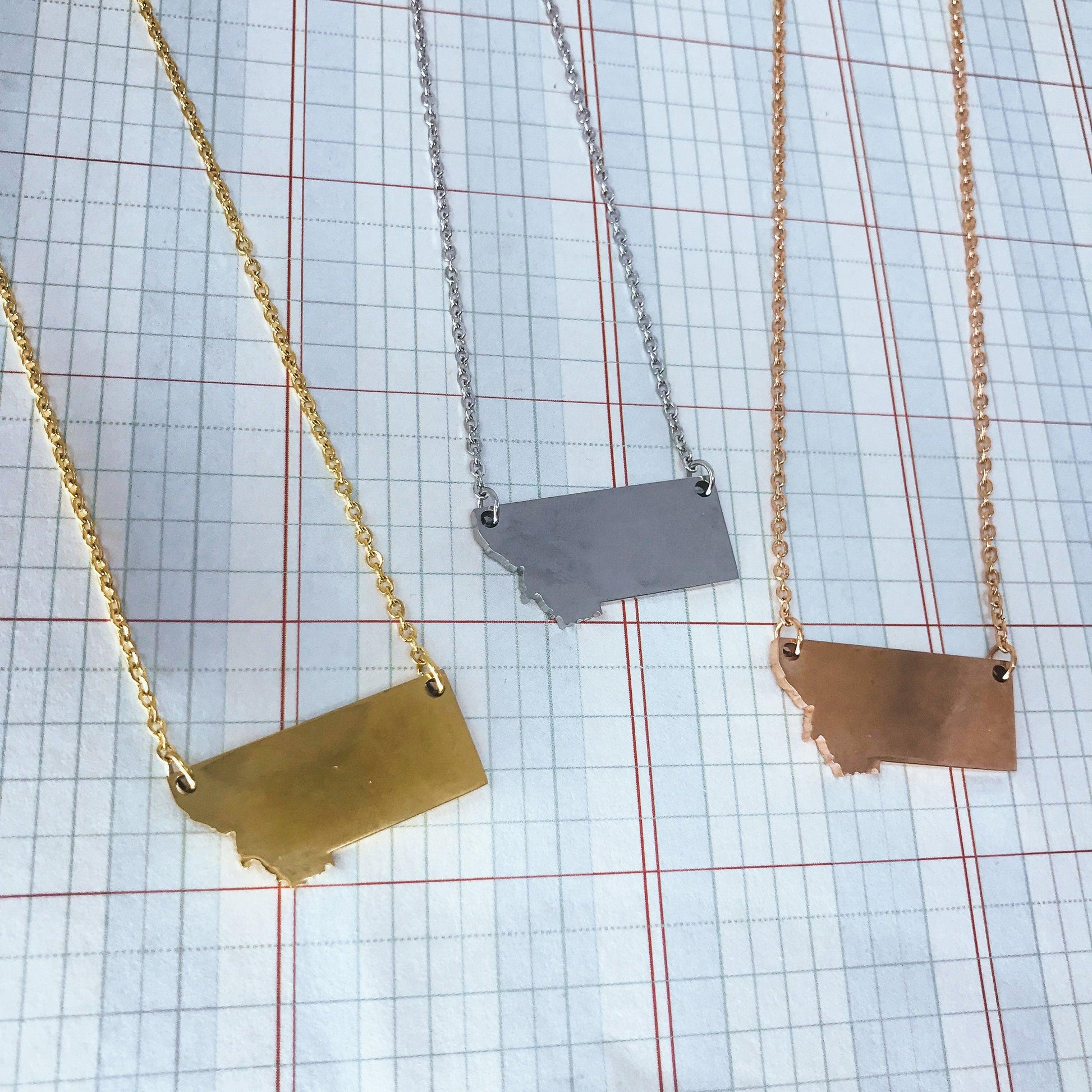 Montana State Silhouette Necklaces in 3 different colors: Gold, Silver & Rose Gold