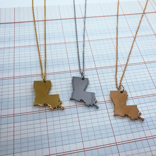 Louisiana State Silhouette Necklaces in 3 different colors: Gold, Silver & Rose Gold