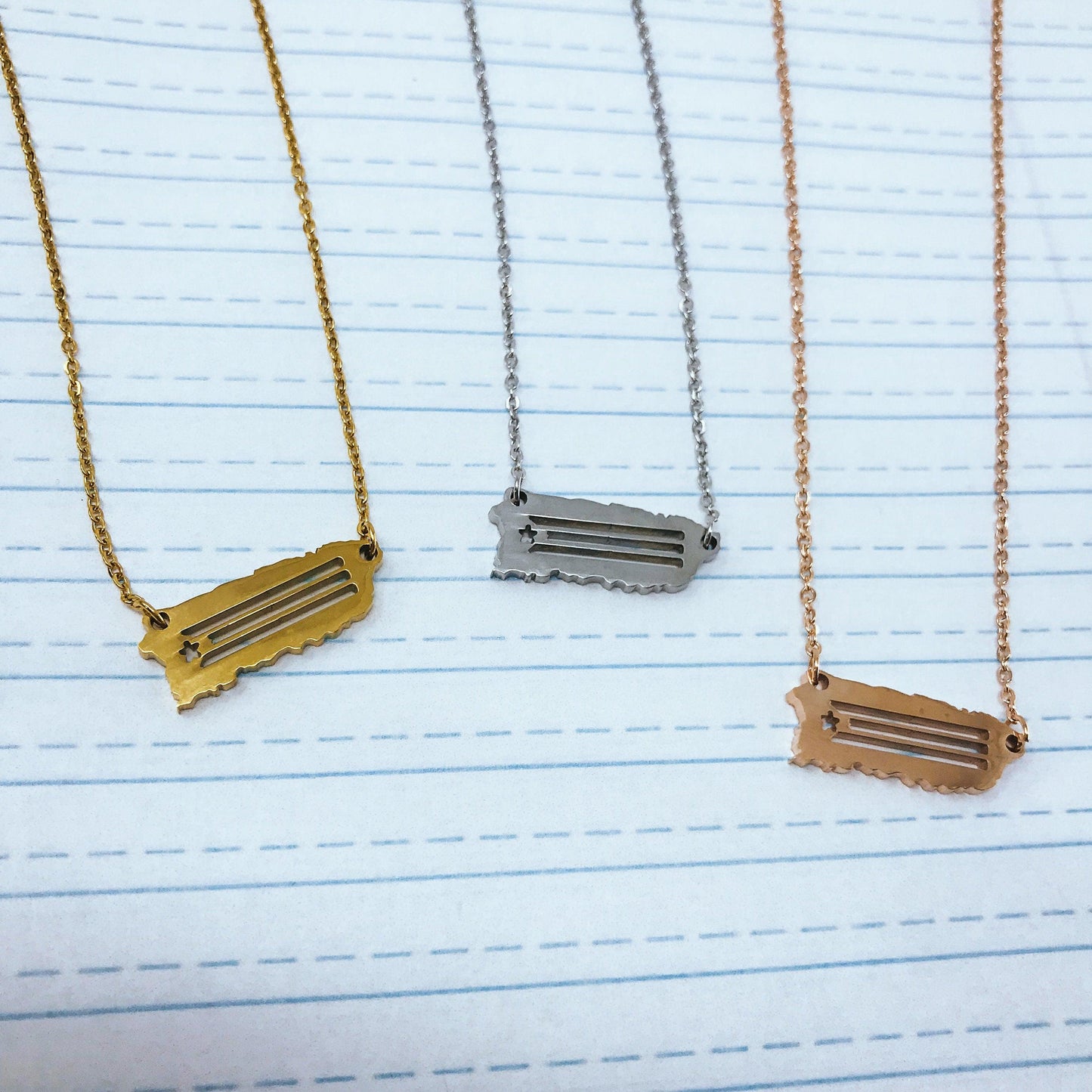 Puerto Rico Silhouette Necklaces in 3 different colors: Gold, Silver & Rose Gold