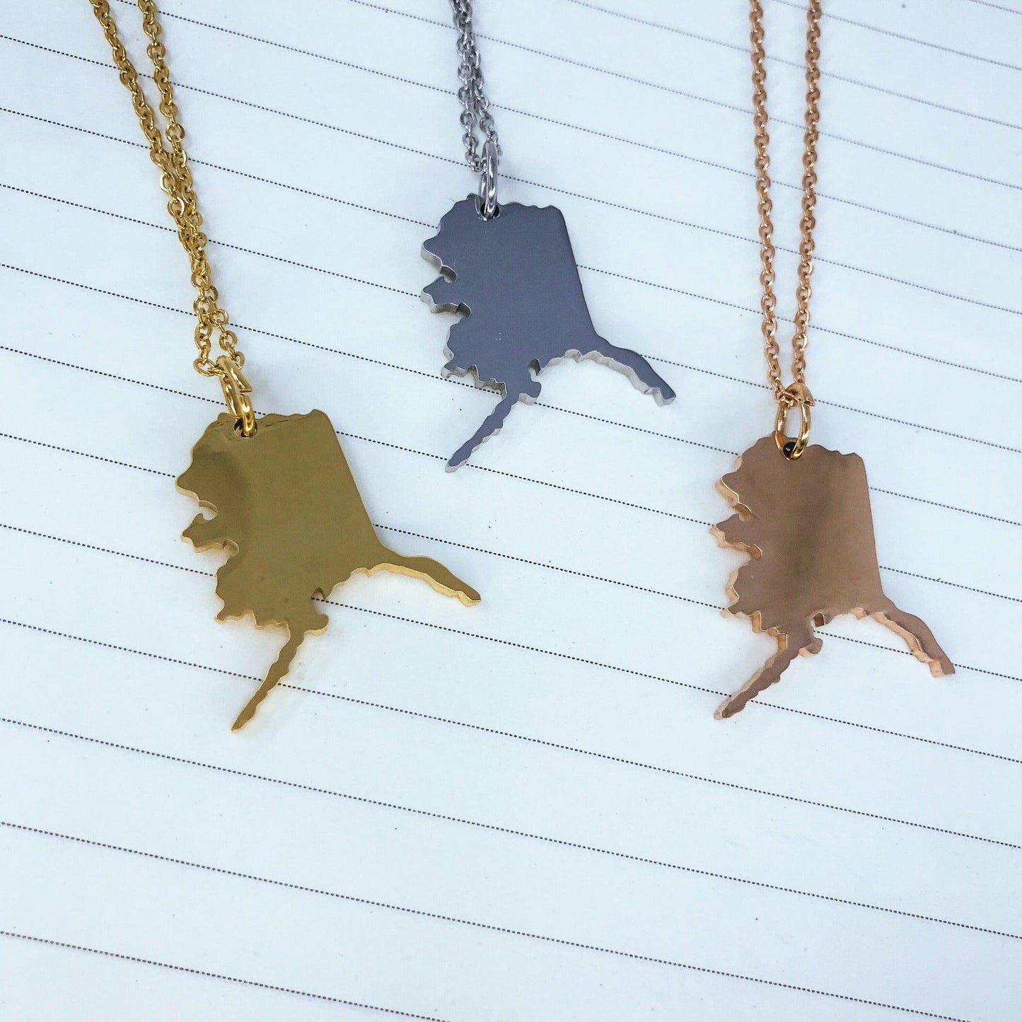 Alaska State Silhouette Necklaces in 3 different colors: Gold, Silver & Rose Gold
