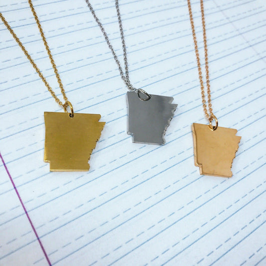 Arkansas State Silhouette Necklaces in 3 different colors: Gold, Silver & Rose Gold
