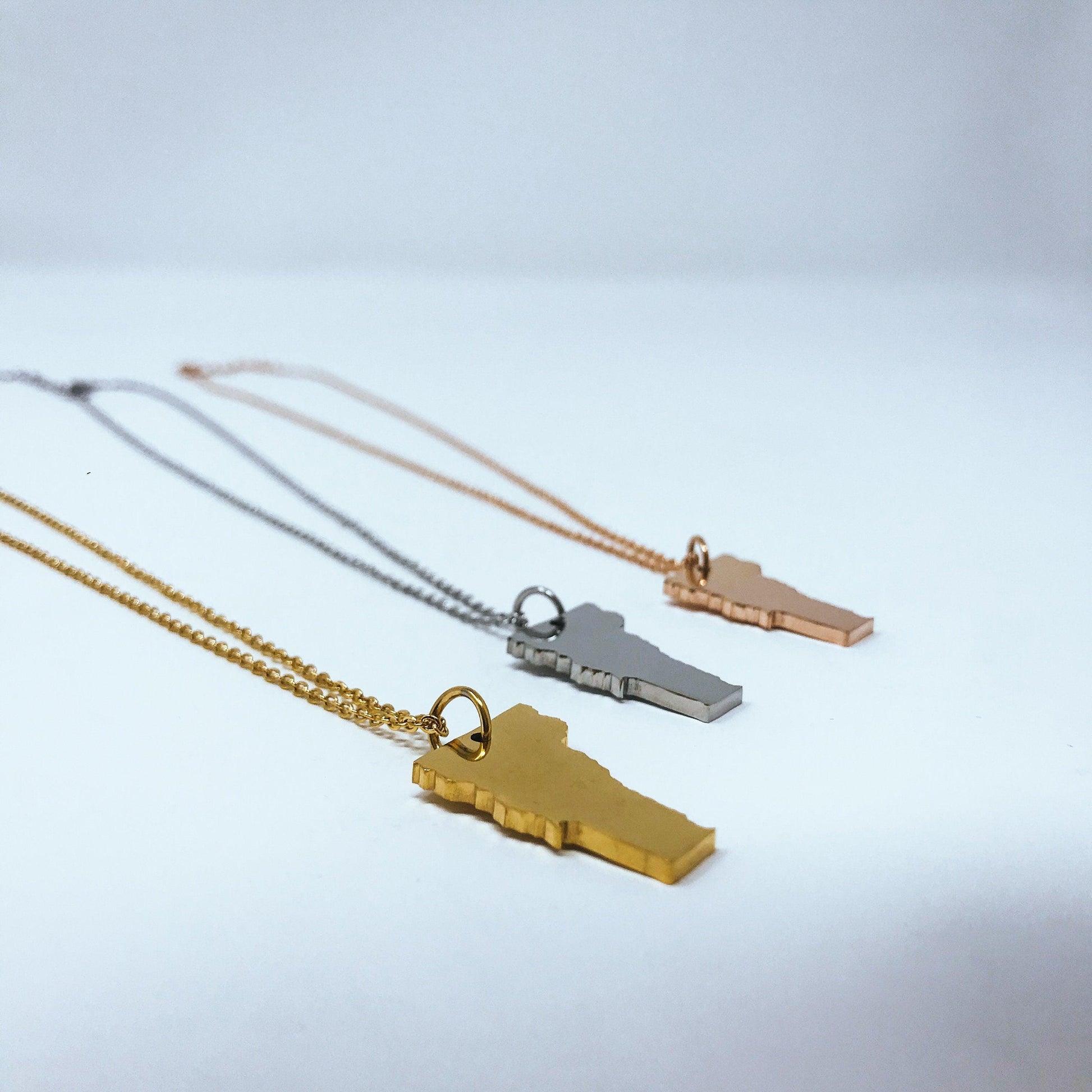 Vermont State Silhouette Necklaces in 3 different colors: Gold, Silver & Rose Gold