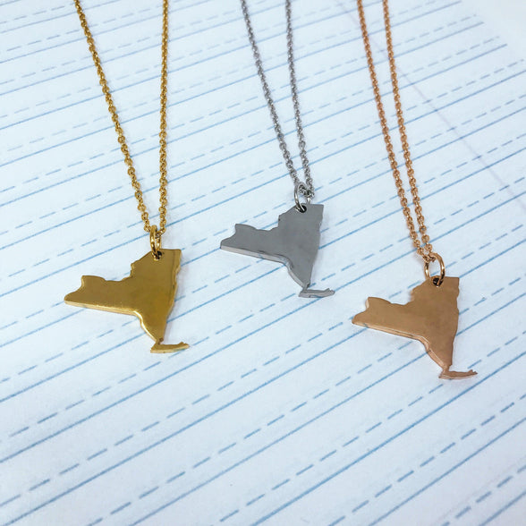 New York State Silhouette Necklaces in 3 different colors: Gold, Silver & Rose Gold