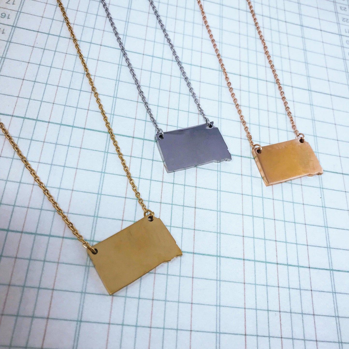 South Dakota State Silhouette Necklaces in 3 different colors: Gold, Silver & Rose Gold