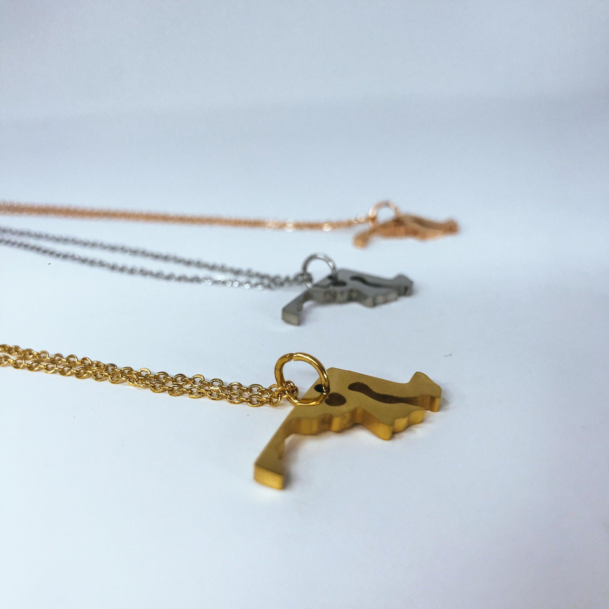 Maryland State Silhouette Necklaces in 3 different colors: Gold, Silver & Rose Gold