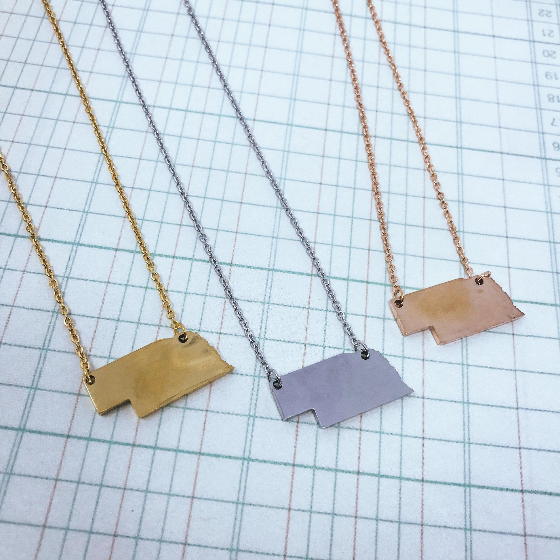 Nebraska State Silhouette Necklaces in 3 different colors: Gold, Silver & Rose Gold