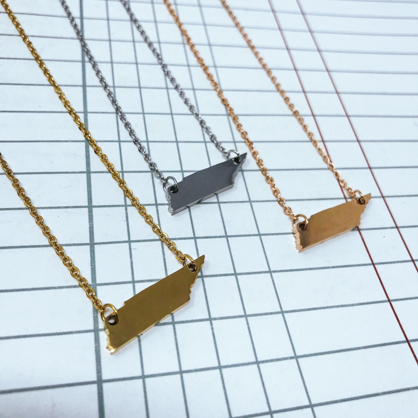 Tennessee State Silhouette Necklaces in 3 different colors: Gold, Silver & Rose Gold